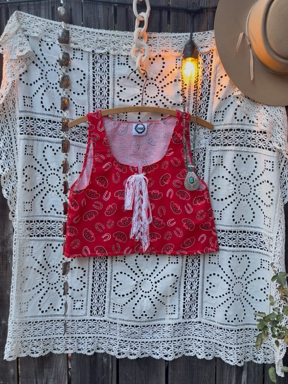 Handmade vintage western fabric  Lace-Tie Crop Top -